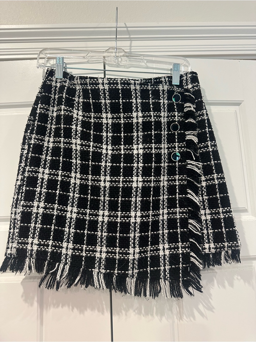 Dalia Black & White Plaid Fringe Tweed Button Mini Skirt
